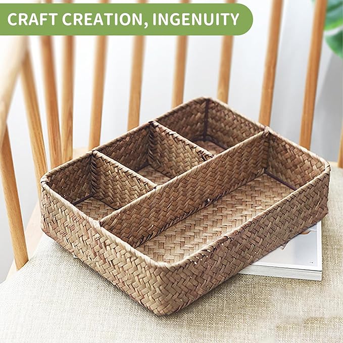Wicker Baskets 4-Section Tea Bag/Sugar Packet Holder,Seagrass Woven Compartment Organizer,Storage Rattan Divided Basket,Office-Desk Baskets for Shelves,Pantry,Coffee Organizer,Countertops-Brown