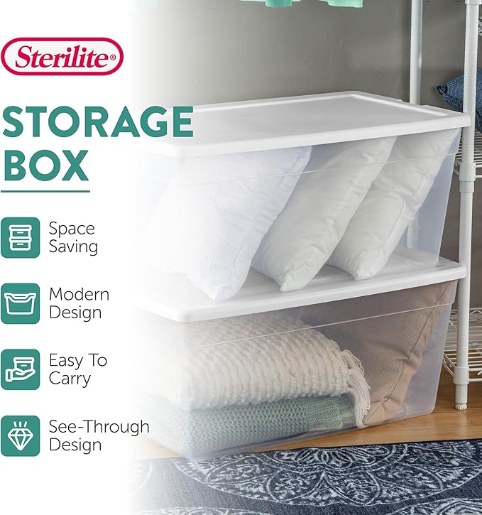 Sterilite 12-Pack 90 Quart Storage Box, Stackable Clear Plastic Bins with Snap-On Lids - Heavy-Duty Organizing Containers for Closet, Bathroom, and Office