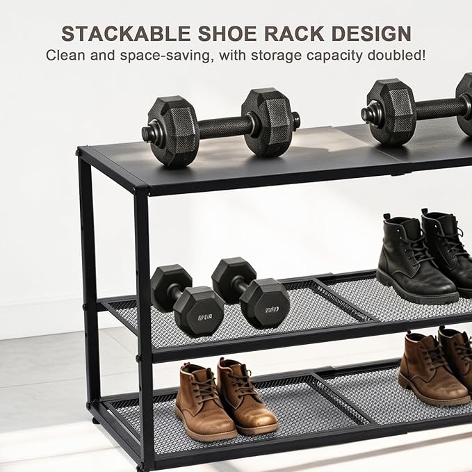 Expandable Shoe Rack,3 Tier Adjustable Metal Shoe Shelf for Closet,Sturdy Free Standing Shoe Storage for Door Entrance,Bedroom,Small Spaces,Black