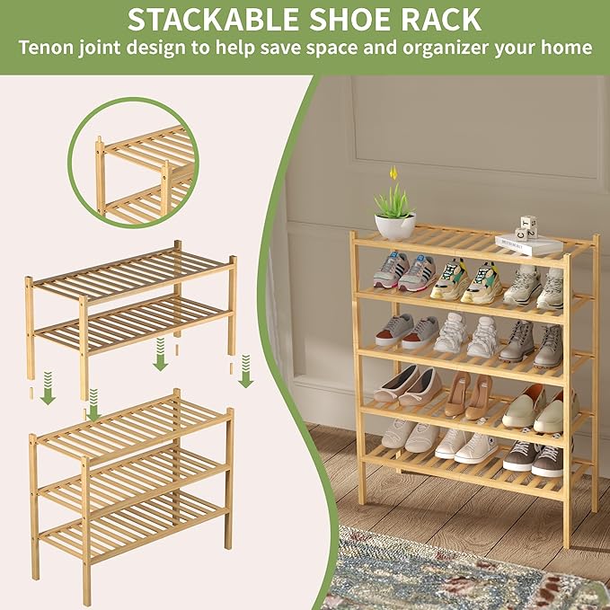 ROMGUAR CRAFT 2 Tier Bamboo Shoe Rack for Closet Free Standing Wood Shoe Shelf for Entryway Small Space Stackable 27"x11"x13" (Natural)