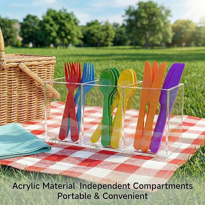 Daxolanz 3 Section Acrylic Cutlery Organizer for Countertop, Modern Flatware Storage Caddy for Spoons Forks Knives, Space Saving Utensil Holder for Kitchen, Cabinet or Dining Room (Medium)