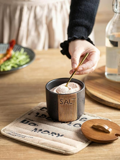 Salt Container for Countertop, Ceramic Salt Cellar with Lid & Spoon, Farmhouse Salt Bowl for Mother's Day, 10 OZ, Black