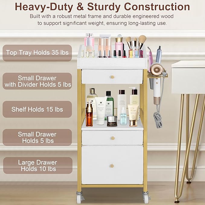 Makeup Organizer Cart with 3 Drawers, Rolling Vanity Organizer with Adjustable Dividers, Detachable Hair Tool Holder, Lockable Wheels for Small Spaces, Gold & White