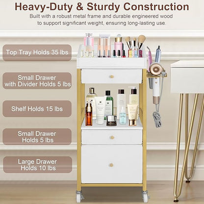 Makeup Organizer Cart with 3 Drawers, Rolling Vanity Organizer with Adjustable Dividers, Detachable Hair Tool Holder, Lockable Wheels for Small Spaces, Gold & White