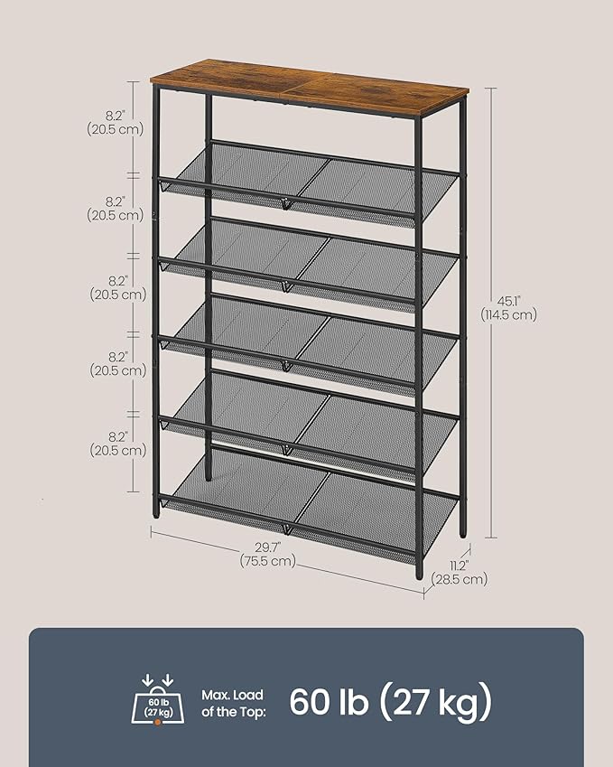 SONGMICS HOME 6 Tier Shoe Storage Organizer, Freestanding Shoe Rack, Dense Mesh, for Living Room, Bedroom, Entryway, Rustic Brown and Black