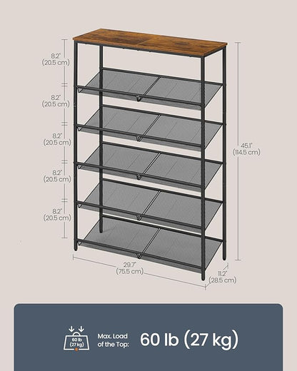 SONGMICS HOME 6 Tier Shoe Storage Organizer, Freestanding Shoe Rack, Dense Mesh, for Living Room, Bedroom, Entryway, Rustic Brown and Black