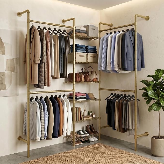 F3 Wall Mounted Closet System, Industrial Pipe Clothing Rack for Hanging Clothes, Heavy Duty Closet Organizer System, Clothes Racks with Shelves & Expandable Rod for Wardrobe, Corner, Gold
