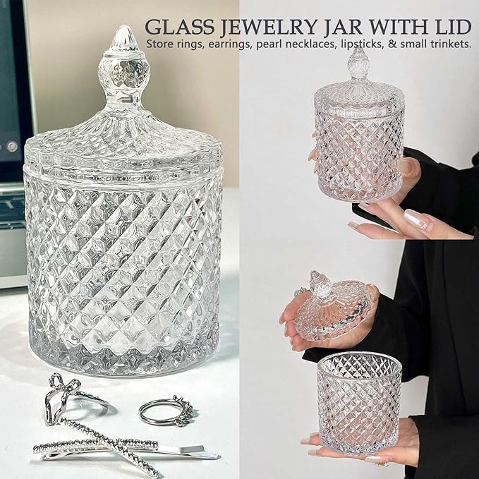 Clear Glass Jar with Lid – Qtip Holder, Cotton Ball Storage for Bathroom & Vanity, Crystal Glass, Candy Jar, Sugar Cube Storage for Kitchen Organizer, Home Decorative, Wedding Gift, Holiday Present