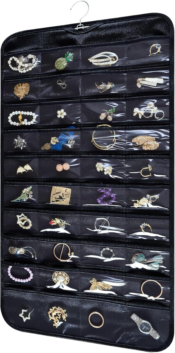 Hanging Jewelry Organizer Storage Roll with Hanger Metal Hooks Double-Sided Jewelry Holder for Necklaces, Earrings, Rings on Door, Wall, Closet, 80 Pocket Organizer,Black