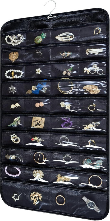 Hanging Jewelry Organizer Storage Roll with Hanger Metal Hooks Double-Sided Jewelry Holder for Necklaces, Earrings, Rings on Door, Wall, Closet, 80 Pocket Organizer,Black