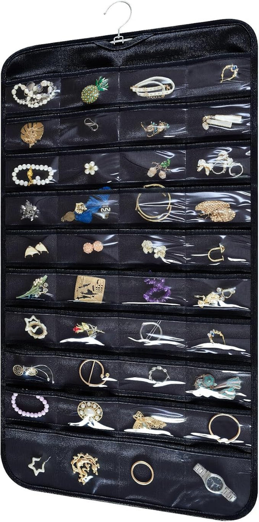 Hanging Jewelry Organizer Storage Roll with Hanger Metal Hooks Double-Sided Jewelry Holder for Necklaces, Earrings, Rings on Door, Wall, Closet, 80 Pocket Organizer,Black