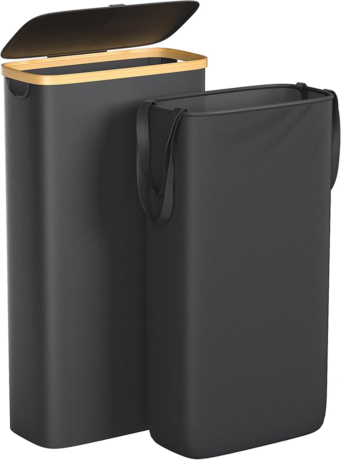 Foluck Slim Laundry Hamper, 60L Waterproof Narrow Laundry Basket with Lid and Removable Bag, Collapsible Tall Clothes Hamper with Bamboo Handles for Clothes Toys in Dorm Bedroom Bathroom, Black