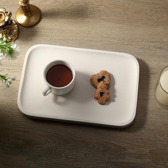 Koville Marble Tray, 12"x8" Natural Stone Vanity Tray for Countertop Bathroom Kitchen Dresser, Decorative Marble Catchall Trays for Perfume Jewelry, Rectangular Serving Tray(Beige)