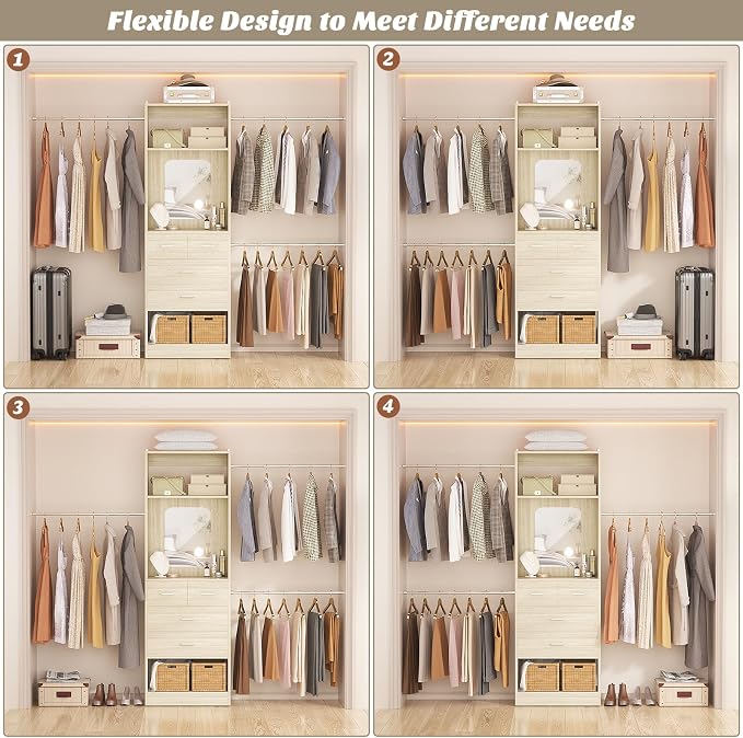 Unikito 8FT Closet System, Customizable 96” Closet Storage Organizer with 25” Tower and 3 Extendable Hanging Rods (Can Be Cut to Fit), Heavy Duty Clothing Racks with 4 Drawers and Shelves, White Oak