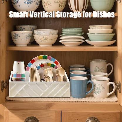 Paper Plate Dispenser with 6 Compartments – Wooden Utensil & Silverware Caddy Holder for Party, BBQ, Camping – Disposable Cutlery Organizer for Kitchen Countertop or Buffet Station, White