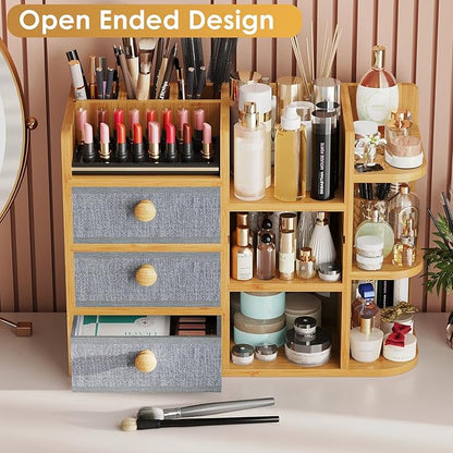 Large Makeup Organizer For Vanity, Large Capacity 3 Tiers Bamboo Bathroom Counter Organizers and Storage, Countertop Makeup Brush Holder, Nail Polish Perfume Stand with 3 Drawers and 10 Compartments