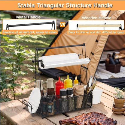 Grill Caddy, BBQ Caddy with Paper Towel Holder and 2 Hooks, Grill Utensil Organizer for Camping Outdoor Barbecue Accessories Organizer, Grilling Gifts for Men