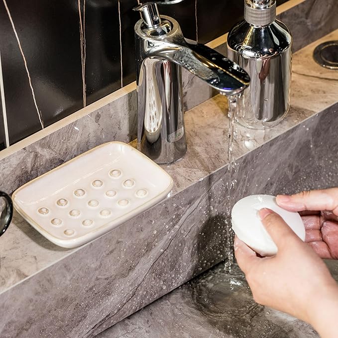 Miamolo Soap Dish for Shower, Ceramic Soap Dish Non-Slip Soap Holder Bar Saver Tray for Bathroom Kitchen Sink, Floating Point Design Save Soap Loss (Pack of 2)