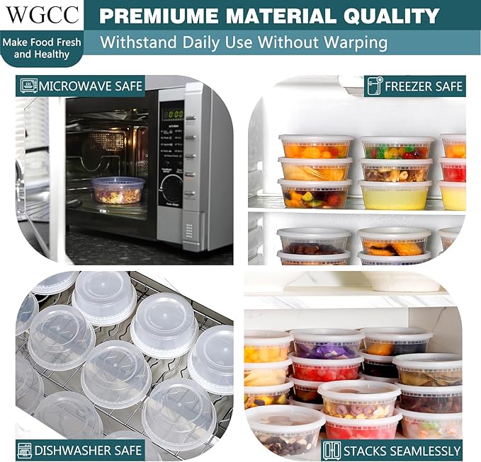 WGCC Deli Containers with Lids 8oz- Disposable Soup Containers with Lids 48 Sets - Plastic Container with Lid, Food Container with Leakproof, BPA Free/Microwave/Freezer/Dishwasher Safe