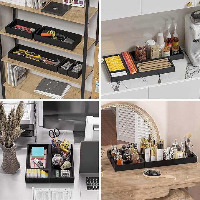 Lixple Bamboo Drawer Organizer, Small Silverware for Kitchen Drawer, Stackable Utensil Organizer, 2 Pcs Flatware Organizer, Wooden Storage Box Tray (Black, 6 X 3 X 2 Inch)