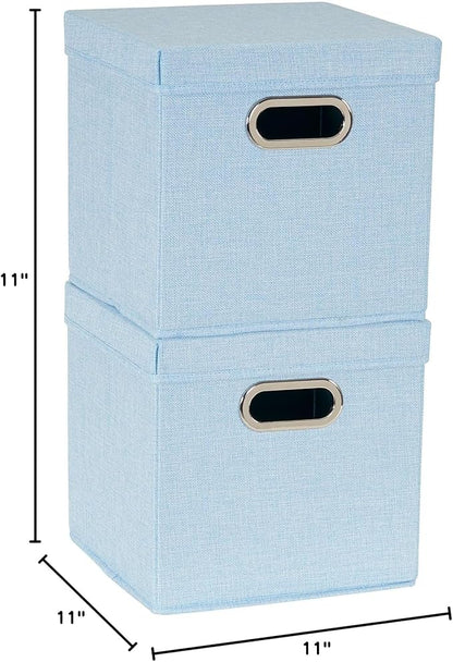 Household Essentials 816-1 Café Cube Bin Storage Set with Lids and Handles | 2 Pack, Baby Blue Linen
