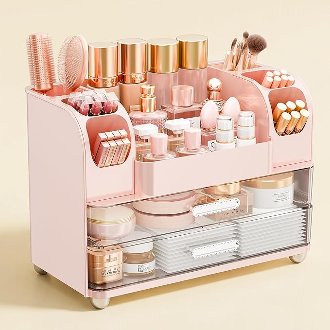 Makeup Organizer for Vanity with Brush Holder, Large Bathroom Countertop Organizer & Skincare Storage | Perfume, Cosmetics Display Case with Drawers (Pink)