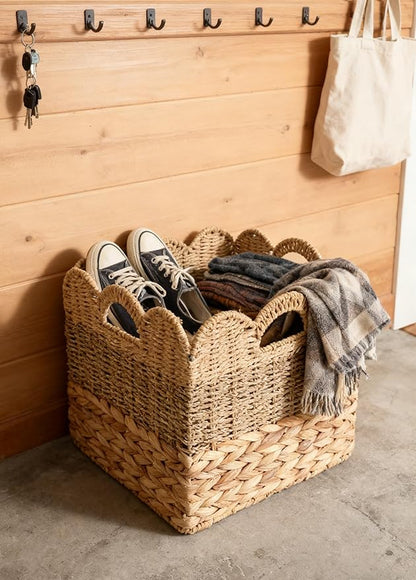 12x12 Storage Cube Bins Wicker Storage Basket for Cube Shelf, Set of 4 Collapsible Scalloped Storage Bins with Handle, Square Woven Baskets for Organizing Shelves Bedroom Pantry