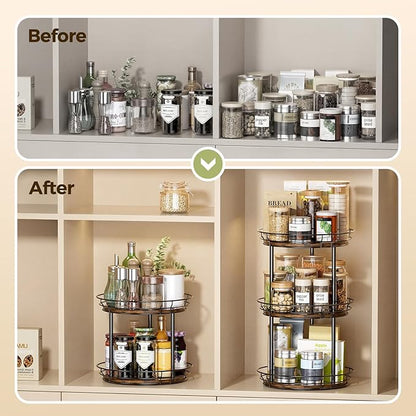 LAMU 12'' Lazy Susan Turntable Organizer, 2 Tier Round Rotating Spice Rack Organization for Kitchen Cabinet and Countertop, Wooden Lazy Susan for Table Top, Pantry, Bathroom, Vanity, Home Decor