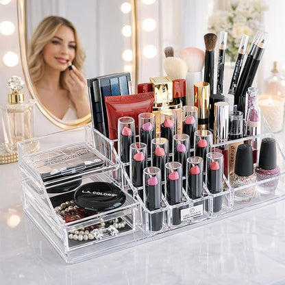 Decozen Makeup Organizer - Vanity Storage with Multiple Compartments and Drawers for Brushes, Lipsticks, Jewelry, Perfect for makeup organizer countertop, makeup holders and organizers, Gift for Mom