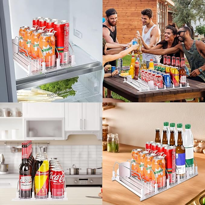 Drink Organizer for Fridge, Soda Can Organizer Dispenser for Refrigerator with Automatic Pusher Glide, Width Adjustable Clear Dividers Can Holder for 15 Cans, 115''D x 8.9''W x 3.1''H, 3 Rows