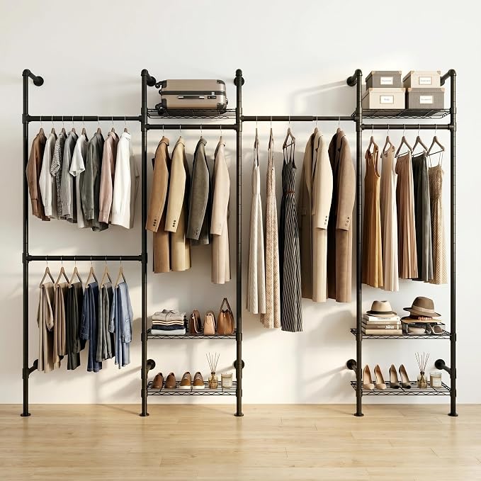 Wall Mounted Closet System – Adjustable Clothing Rack with 6 Hanging Clothes Rods( 4 Expandable Rods) & 6 Shelves, Heavy Duty Industrial Pipe Clothes Rack for Closet Organizer and Storage, Black