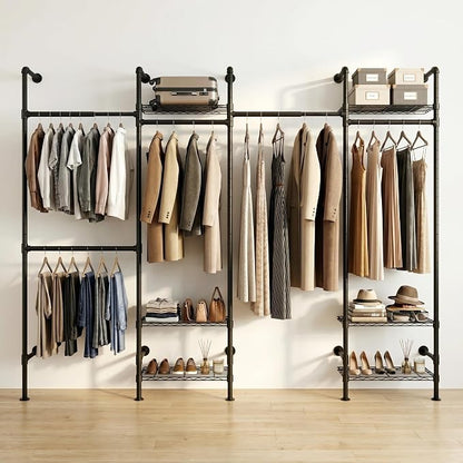 Wall Mounted Closet System – Adjustable Clothing Rack with 6 Hanging Clothes Rods( 4 Expandable Rods) & 6 Shelves, Heavy Duty Industrial Pipe Clothes Rack for Closet Organizer and Storage, Black