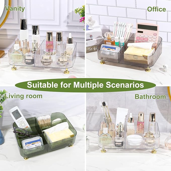 DASITON Makeup Organizer Countertop for Vanity, 5 Slots Makeup Brush Holder Organizer, Vintage Makeup Perfume Tray Cosmetic and Skincare Organizers for Bedroom Bathroom Counter, Desk Storage (Clear)