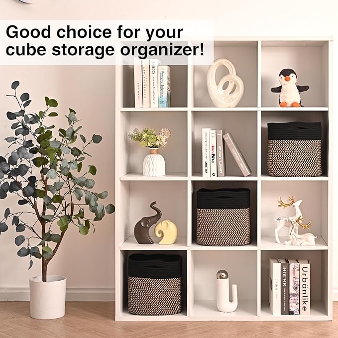 11 Inch Cube Storage Bins, 11x11 Cube Storage Bins for Cube Organizer, Square Cloth Storage Cubes, Woven Storage Baskets for Shelves, Toy Baskets Storage Kids, Black & Jute (Pack of 3)