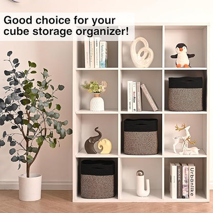 11 Inch Cube Storage Bins, 11x11 Cube Storage Bins for Cube Organizer, Square Cloth Storage Cubes, Woven Storage Baskets for Shelves, Toy Baskets Storage Kids, Black & Jute (Pack of 3)