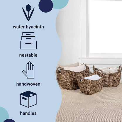 happimess BSK2002B-3SET Nellie Farmhouse Classic Handwoven Hyacinth Boat Wicker Storage Baskets with Handles, Brown (Set of 3), Seagrass Containers for Decoration in Living Room, Bedroom