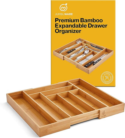 JumblWare Bamboo Expandable Drawer Organizer. Wooden Storage Tray with Dividers for Silverware, Kitchen Utensils, Spices, K Cups, Small Clothes & Makeup. Adjustable Sliding Design from 13” to 19.6”