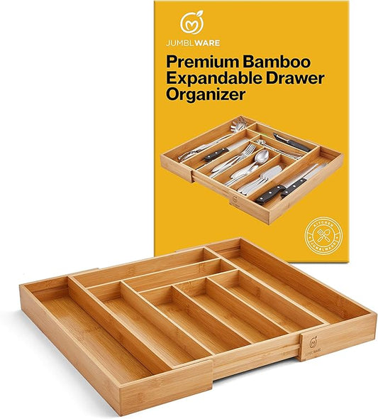 JumblWare Bamboo Expandable Drawer Organizer. Wooden Storage Tray with Dividers for Silverware, Kitchen Utensils, Spices, K Cups, Small Clothes & Makeup. Adjustable Sliding Design from 13” to 19.6”