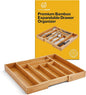 JumblWare Bamboo Expandable Drawer Organizer. Wooden Storage Tray with Dividers for Silverware, Kitchen Utensils, Spices, K Cups, Small Clothes & Makeup. Adjustable Sliding Design from 13” to 19.6”