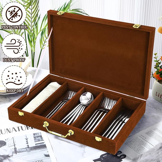 Pickmesh Silverware Case with Lid and Handle, Silverware Storage Box Sterling Silver Flatware Chest Without Silver Tarnish Proof Utensils Organizer for Kitchen Decor Wedding Gifts(Coffee,1 Layer)