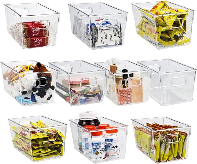 ZEXALOR 10 PACK Clear Storage Bins Clear Storage Containers for Kitchen Pantry Organization, Organizing Bins with Built in Handles, Cabinet Organizers