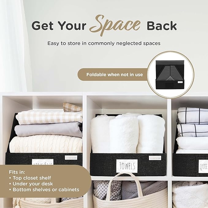 VIVIDECOR Open Front Trapezoid Closet Bins 12x12x10 – Closet Shelf Organizer for Folded Clothes, Easy Access Fabric Storage Baskets – Black, 3 Pack