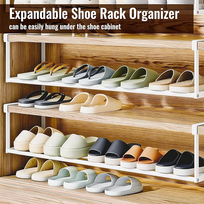 Ihomepark Expandable Shoe Rack Organizer, Adjustable Metal Shoe Rack for Closets & Entryways, Under Cabinet Shelf for Shoe or Clothing Storage, White