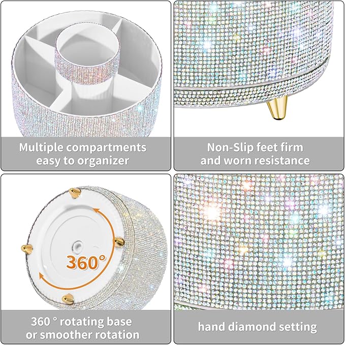 fanado Bling Diamond Makeup Brush Holder, 360° Rotating Makeup Organizer, 5 Slot Make up Brushes Cup for Countertop, Storage for Cosmetics Pen Eyeliner Skincare on the Vanity ((Diamond white AB)