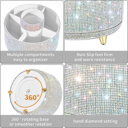 fanado Bling Diamond Makeup Brush Holder, 360° Rotating Makeup Organizer, 5 Slot Make up Brushes Cup for Countertop, Storage for Cosmetics Pen Eyeliner Skincare on the Vanity ((Diamond white AB)