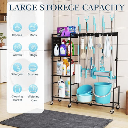 Broom Holder with Cleaning Supplies Organizer, Heavy Duty Janitorial Housekeeping Cart with Mop Clips & Hooks, Home Essentials Broom Closet Storage, Multifunctional Cleaning Cart for Laundry