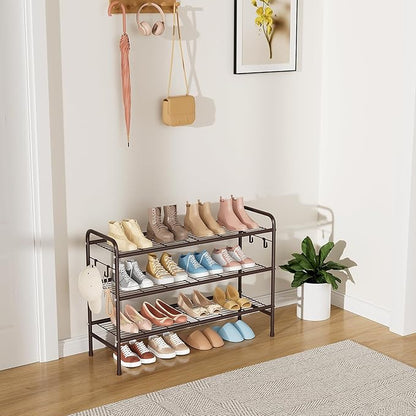 VILICK 3 Tier Shoe Rack 33" Wide Metal Shoe Organizer Long Shoe Storage with 4 Side Hooks Sturdy Shoes Shelf for Front Door Entrance, Closet, Garage, Dorm, Brown