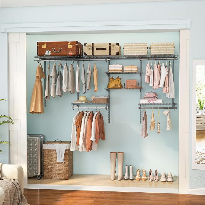 Tangkula 4 to 8 FT Custom Closet System, Wall Mounted Closet with Hanging Rod, Metal Hanging Storage Organizer Rack Wardrobe with Shelves, Adjustable Closet System Kit for Bedroom (Gray)
