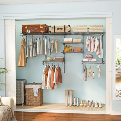 Tangkula 4 to 8 FT Custom Closet System, Wall Mounted Closet with Hanging Rod, Metal Hanging Storage Organizer Rack Wardrobe with Shelves, Adjustable Closet System Kit for Bedroom (Gray)
