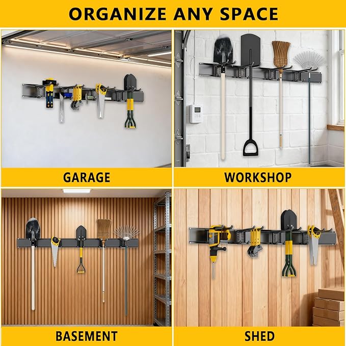 Garage Tool Organizer Wall Mount, 48inch Heavy-Duty Garage Storage System and Garden Tool Organizer with 6 Adjustable Straight Hooks for Shovel, Snowboard, Yard Tools and Shed